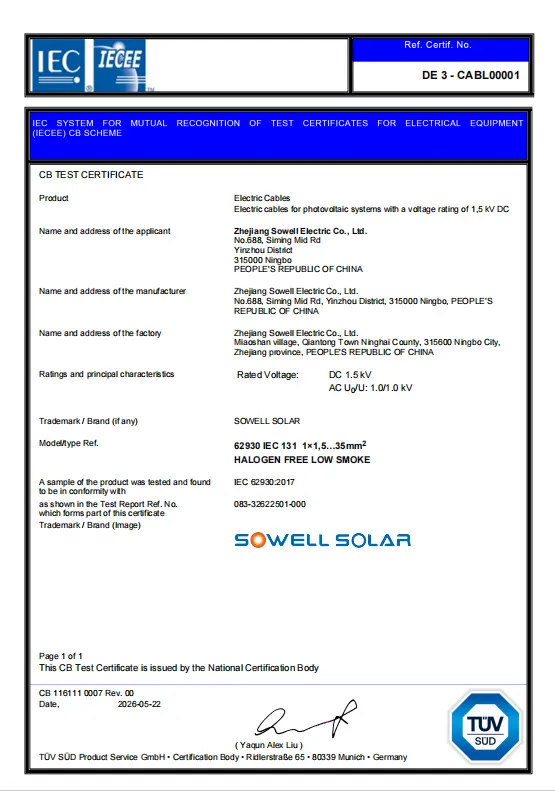 Kabel Fotovoltaik SOWELLSOLAR Menerima Pengakuan Sertifikasi TÜV SÜD IECEE-CB